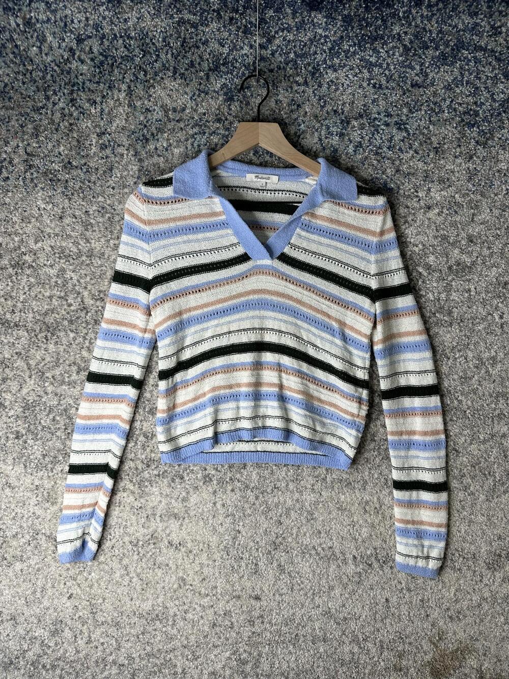Madewell Sweater Womens Small Multicolor Striped V Neck Collared Knit Pullover